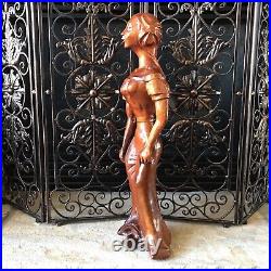 Carved Wood Statue Large Vintage Handcrafted Wooden Folk Art Woman Sculpture