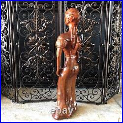 Carved Wood Statue Large Vintage Handcrafted Wooden Folk Art Woman Sculpture