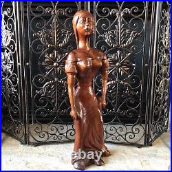 Carved Wood Statue Large Vintage Handcrafted Wooden Folk Art Woman Sculpture