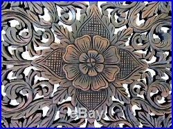 Carved Wood Wall Panel Floral Thailand Handmade Teak Sculpture Relief Square 23