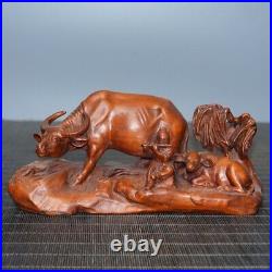 Cattle and children statue natural wood carving desktop decoration woodwork gift