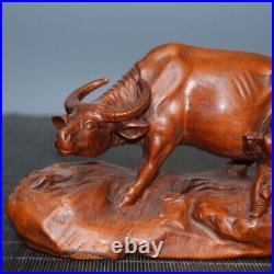 Cattle and children statue natural wood carving desktop decoration woodwork gift