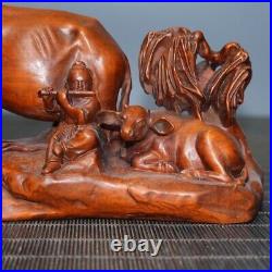 Cattle and children statue natural wood carving desktop decoration woodwork gift