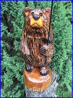 Chainsaw Carved Bear withSOLAR LANTERN White Pine Wood Carvings Rustic Sculptures