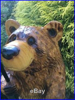 Chainsaw Carved Bear withSolar Lantern WHITE PINE Wood Carving Sculpture Log Home