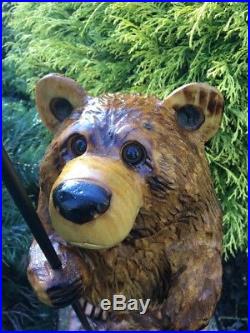 Chainsaw Carved Bear withSolar Lantern WHITE PINE Wood Carving Sculpture Log Home