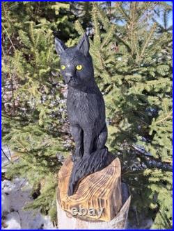 Chainsaw Carved Black Cat Wood Carving Cats Art Statue Halloween Goth
