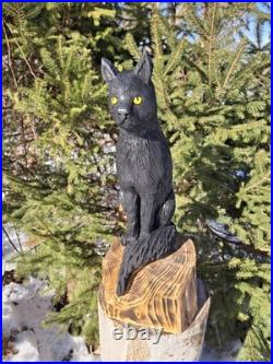 Chainsaw Carved Black Cat Wood Carving Cats Art Statue Halloween Goth