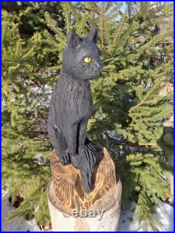 Chainsaw Carved Black Cat Wood Carving Cats Art Statue Halloween Goth