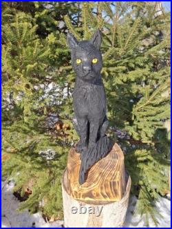 Chainsaw Carved Black Cat Wood Carving Cats Art Statue Halloween Goth