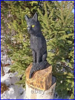 Chainsaw Carved Black Cat Wood Carving Cats Art Statue Halloween Goth