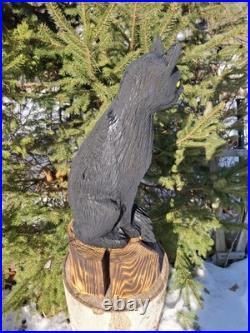 Chainsaw Carved Black Cat Wood Carving Cats Art Statue Halloween Goth