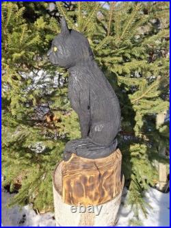 Chainsaw Carved Black Cat Wood Carving Cats Art Statue Halloween Goth