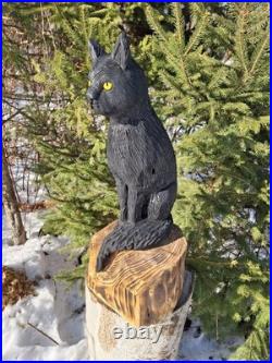 Chainsaw Carved Black Cat Wood Carving Cats Art Statue Halloween Goth