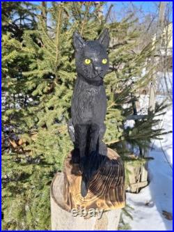 Chainsaw Carved Black Cat Wood Carving Cats Art Statue Halloween Goth