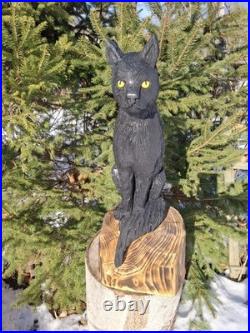 Chainsaw Carved Black Cat Wood Carving Cats Art Statue Halloween Goth