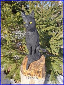 Chainsaw Carved Black Cat Wood Carving Cats Art Statue Halloween Goth
