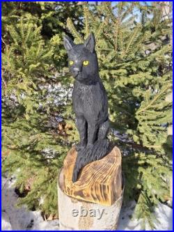 Chainsaw Carved Black Cat Wood Carving Cats Art Statue Halloween Goth