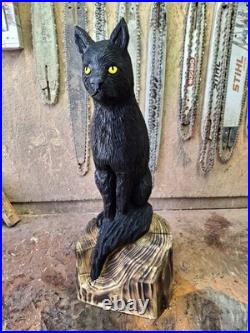 Chainsaw Carved Black Cat Wood Carving Cats Art Statue Halloween Goth