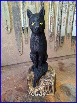 Chainsaw Carved Black Cat Wood Carving Cats Art Statue Halloween Goth