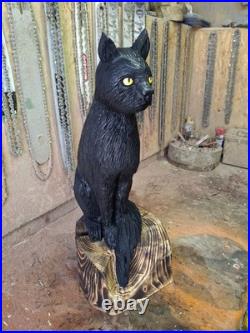 Chainsaw Carved Black Cat Wood Carving Cats Art Statue Halloween Goth