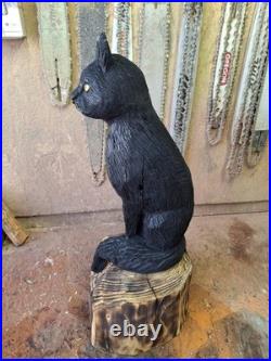 Chainsaw Carved Black Cat Wood Carving Cats Art Statue Halloween Goth