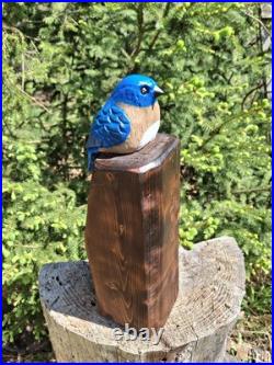 Chainsaw Carved Blue Bird Wood Carving Sculpture Statue Birds Rustic Home Decor