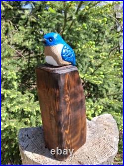 Chainsaw Carved Blue Bird Wood Carving Sculpture Statue Birds Rustic Home Decor