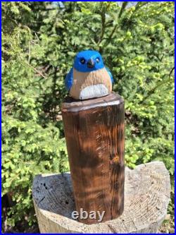 Chainsaw Carved Blue Bird Wood Carving Sculpture Statue Birds Rustic Home Decor