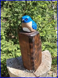 Chainsaw Carved Blue Bird Wood Carving Sculpture Statue Birds Rustic Home Decor