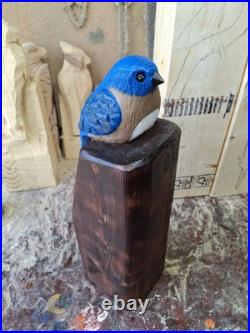 Chainsaw Carved Blue Bird Wood Carving Sculpture Statue Birds Rustic Home Decor