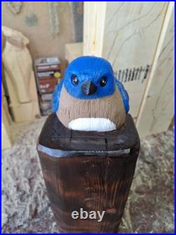 Chainsaw Carved Blue Bird Wood Carving Sculpture Statue Birds Rustic Home Decor