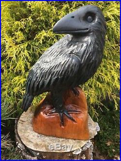 Chainsaw Carved CROW RAVEN Sculpture CHERRY WOOD folk art decor ONE of a KIND
