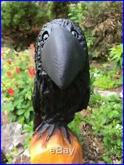 Chainsaw Carved CROW RAVEN Sculpture WHITE PINE WOOD Bird Folk Art ONE of a KIND