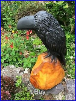 Chainsaw Carved CROW RAVEN Sculpture WHITE PINE WOOD Bird Folk Art ONE of a KIND