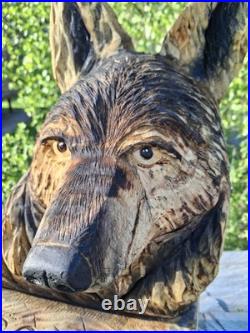 Chainsaw Carved Coyote Wolf Bust Wood Carving Rustic Art Sculpture Statue Dog