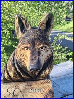 Chainsaw Carved Coyote Wolf Bust Wood Carving Rustic Art Sculpture Statue Dog