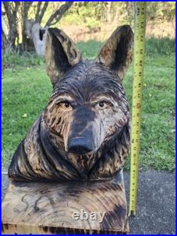 Chainsaw Carved Coyote Wolf Bust Wood Carving Rustic Art Sculpture Statue Dog