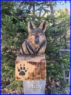 Chainsaw Carved Coyote Wolf Bust Wood Carving Rustic Art Sculpture Statue Dog