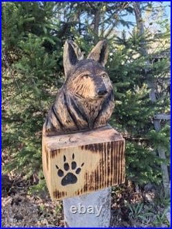 Chainsaw Carved Coyote Wolf Bust Wood Carving Rustic Art Sculpture Statue Dog