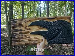 Chainsaw Carved Crow Raven Corvid Black Bird Rustic Wood Carving Wall Art