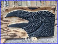 Chainsaw Carved Crow Raven Corvid Black Bird Rustic Wood Carving Wall Art