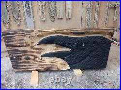 Chainsaw Carved Crow Raven Corvid Black Bird Rustic Wood Carving Wall Art