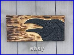 Chainsaw Carved Crow Raven Corvid Black Bird Rustic Wood Carving Wall Art