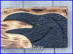 Chainsaw Carved Crow Raven Corvid Black Bird Rustic Wood Carving Wall Art