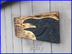 Chainsaw Carved Crow Raven Corvid Black Bird Rustic Wood Carving Wall Art