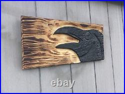 Chainsaw Carved Crow Raven Corvid Black Bird Rustic Wood Carving Wall Art