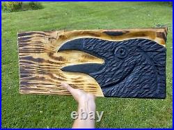 Chainsaw Carved Crow Raven Corvid Black Bird Rustic Wood Carving Wall Art