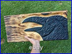 Chainsaw Carved Crow Raven Corvid Black Bird Rustic Wood Carving Wall Art