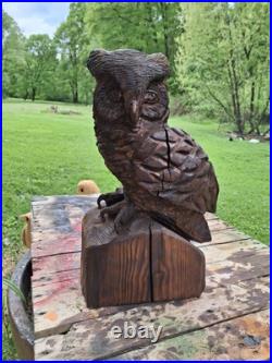 Chainsaw Carved Great Horned Owl Wood Carving Sculpture Statue Owls Birds Art